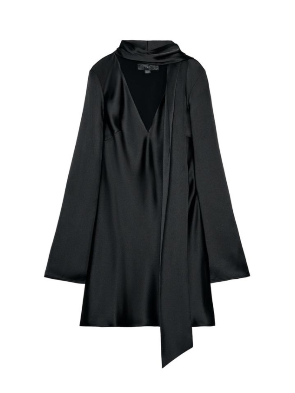 NWT Zara Black Long Sleeve Mini Satin Effect Scarf Dress